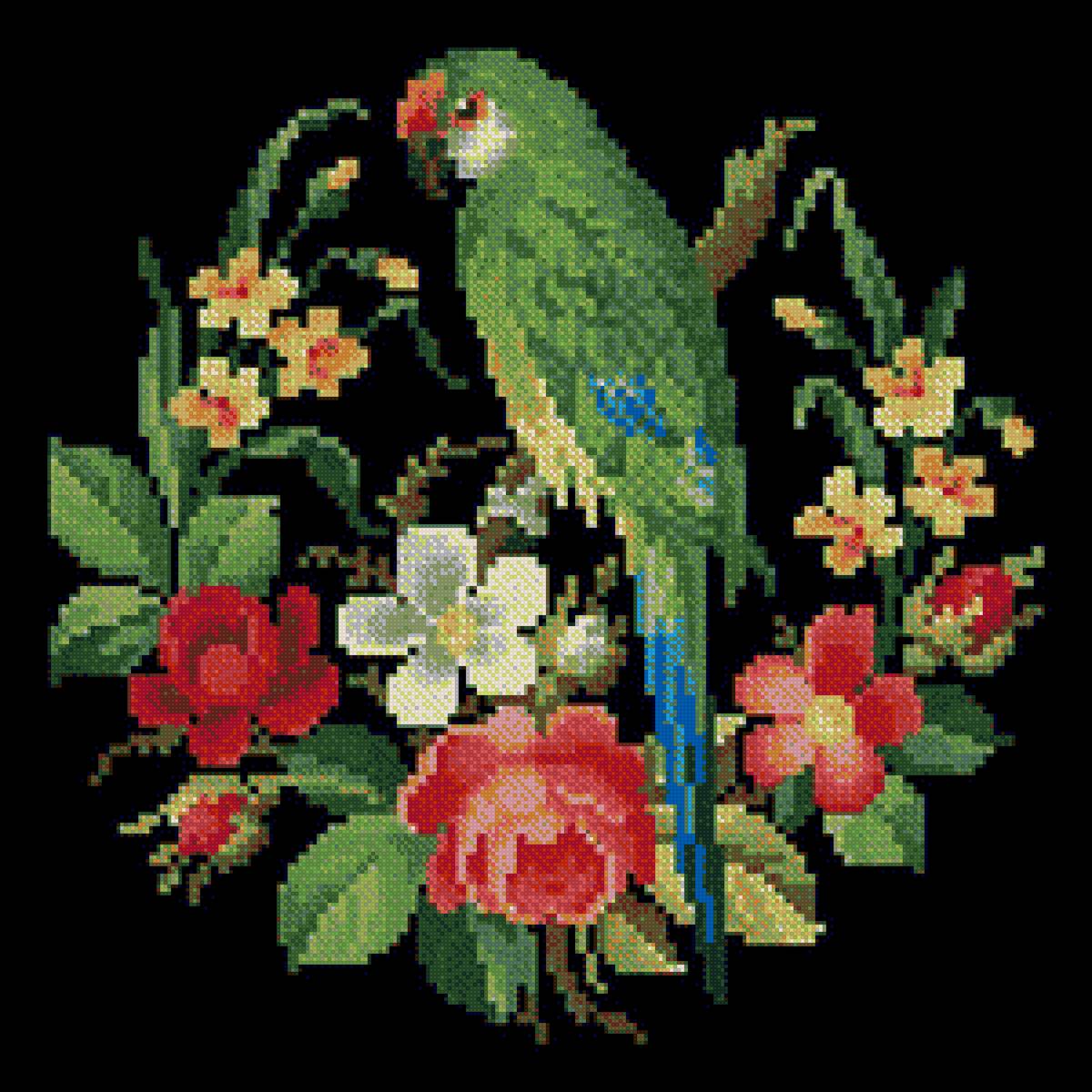 Винтажный орнамент - винтаж, винтажный рисунок, попугай, птица, орнамент, цветы - предпросмотр