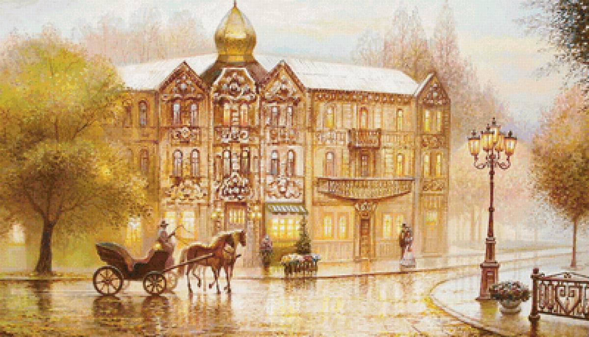 Городской пейзаж - лошади, дома, осень, люди - предпросмотр