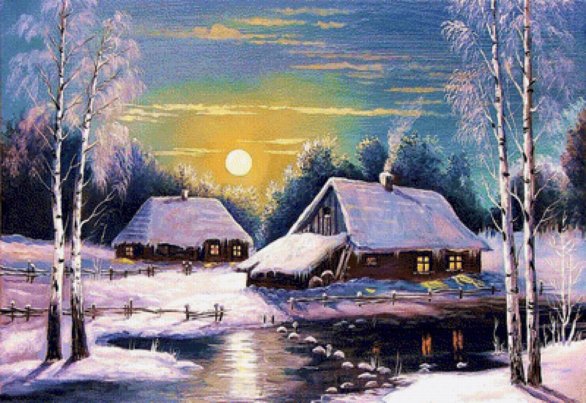 Зимний закат. - живопись., пейзаж - предпросмотр