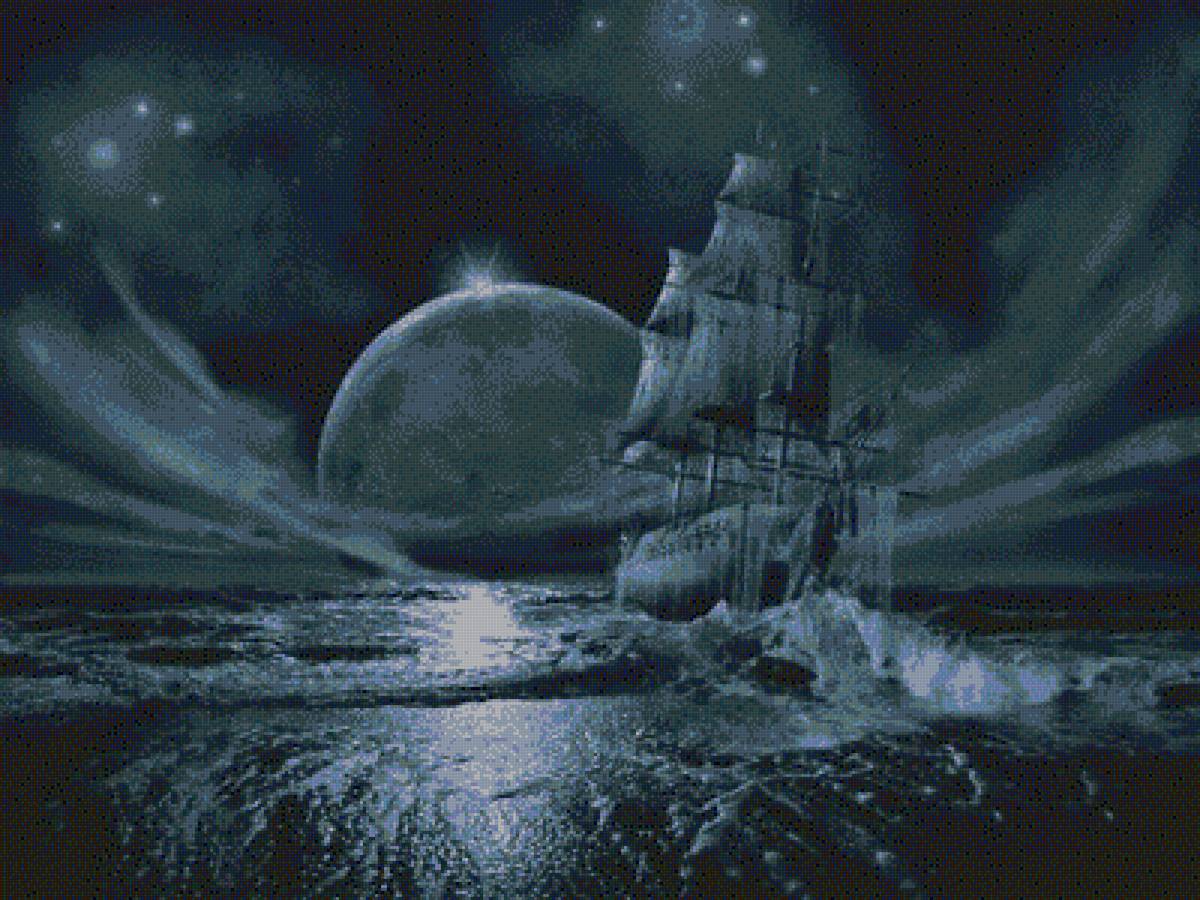 ночной  скиталец - плавание, луна, морская тема, ночь, корабль, фэнтези, море - предпросмотр