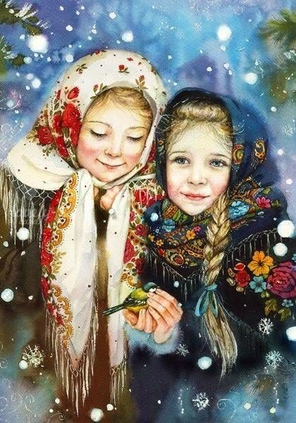 Русские красавицы - зима, дети, картина - оригинал