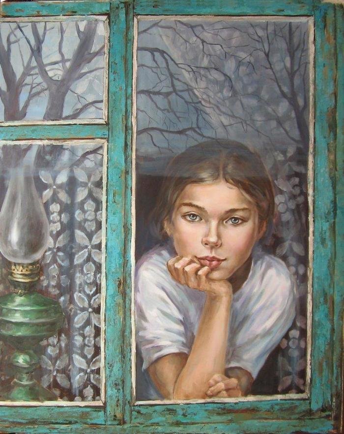 Девочка у окна - окно, деревня, девочка - оригинал