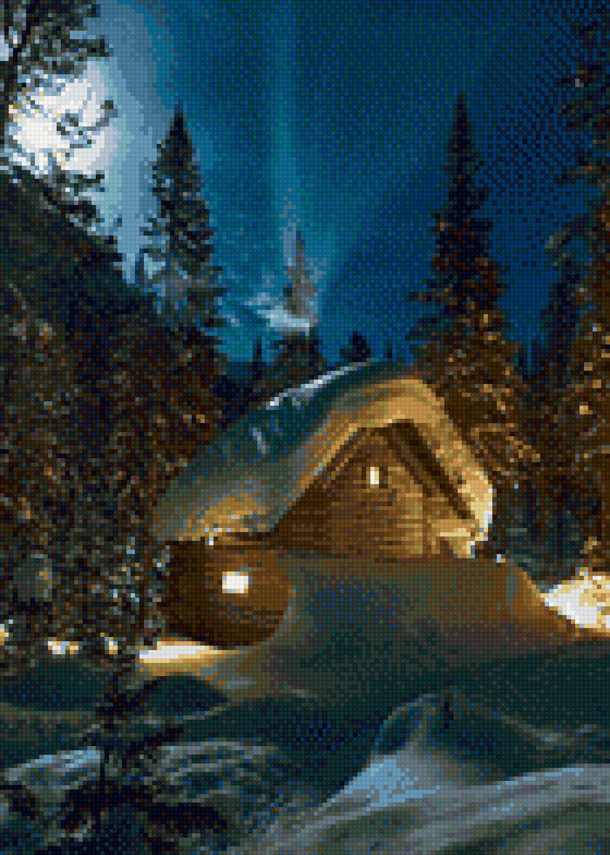 Зимний лес - свет, снег, ночь, избушка, ели - предпросмотр