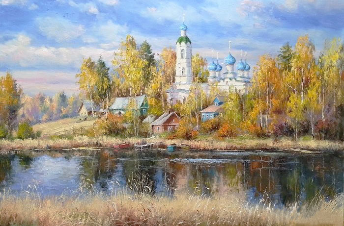 Худ. Пятин Олег - церковь, пейзаж осень, деревня, река - оригинал