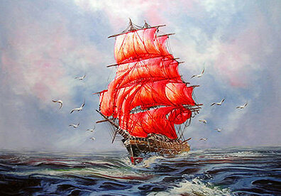 АЛЫЕ ПАРУСА - пейзаж, море, грей, корабль, чайки, асоль - оригинал