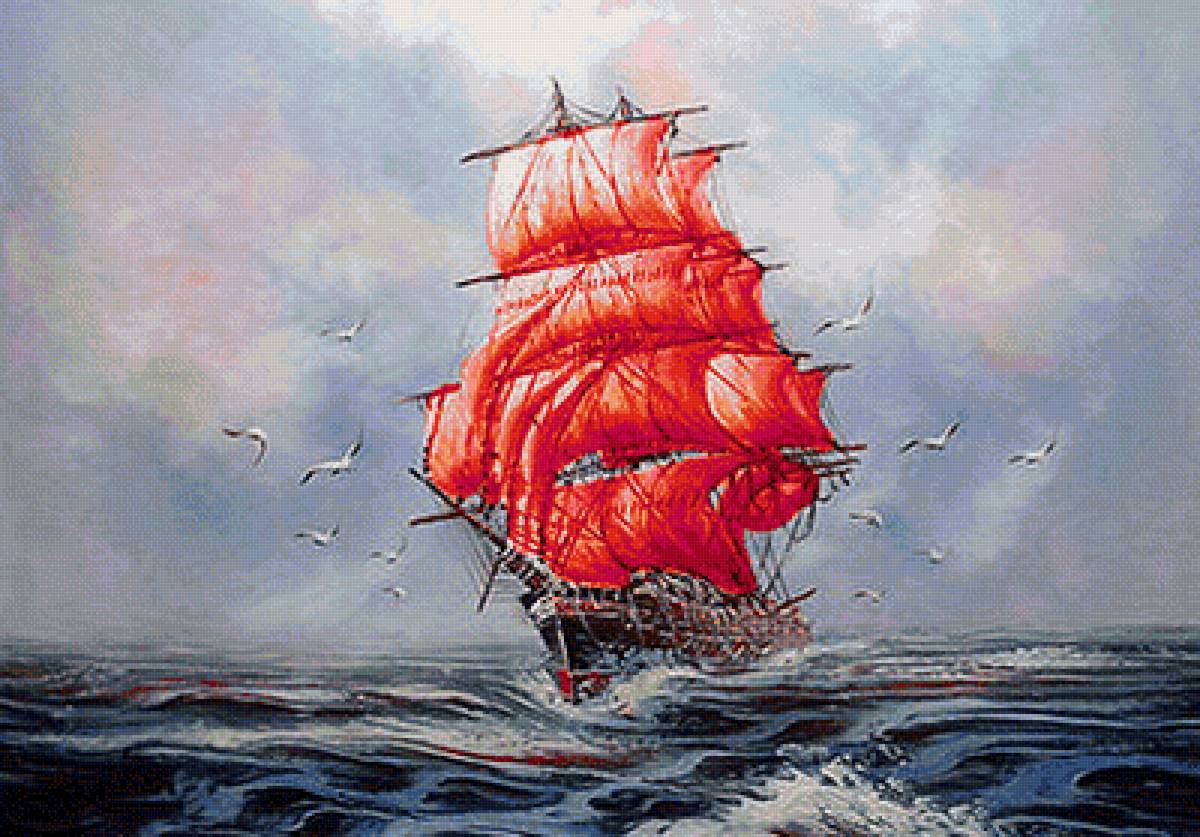 АЛЫЕ ПАРУСА - пейзаж, грей, корабль, чайки, асоль, море - предпросмотр