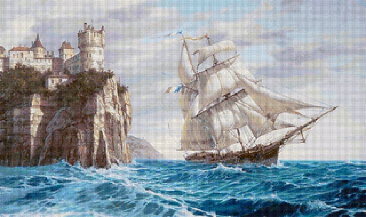 Худ. Валерий Черненко - море, парусник, пейзаж, скалы - предпросмотр