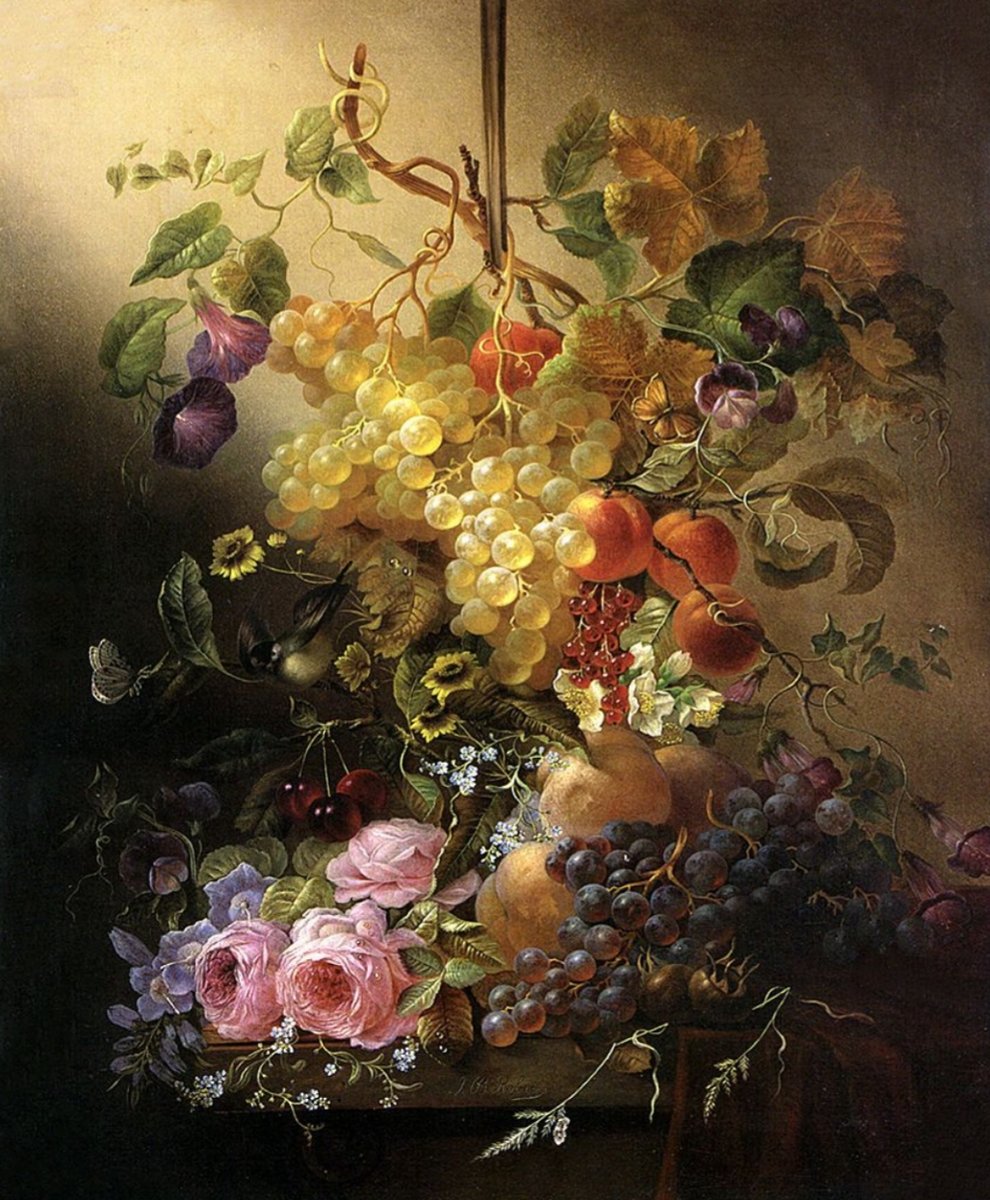 Натюрморт фрукты с цветами - цветы, живопись, виногра - оригинал