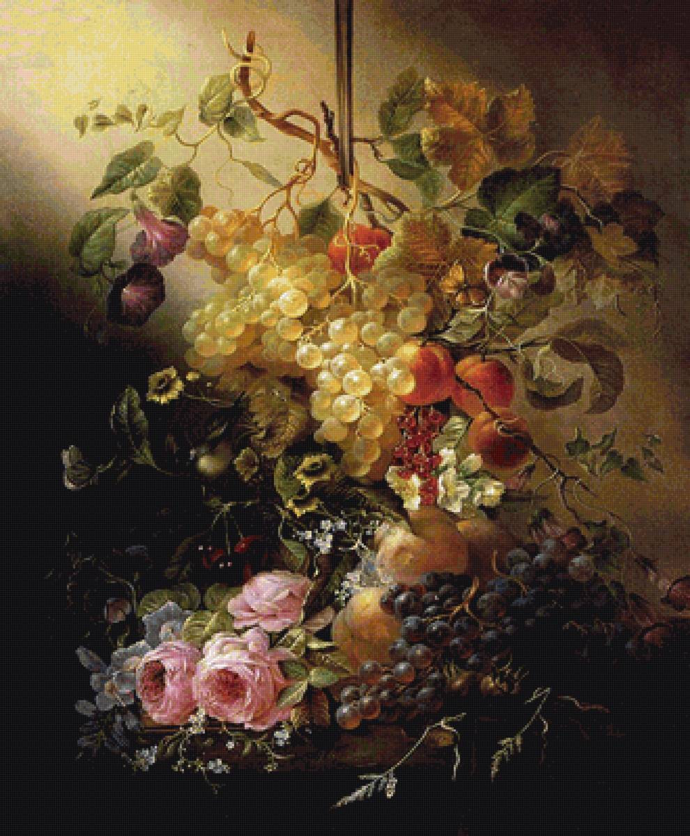 Натюрморт фрукты с цветами - живопись, виногра, цветы - предпросмотр