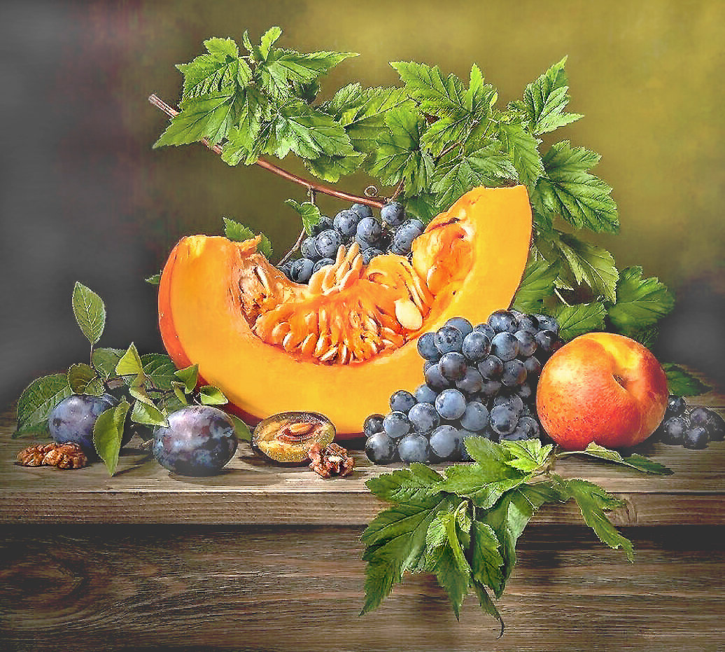 Серия "Натюрморты". Осенний. Тыква, виноград - тыква, виноград, фрукты, натюрморт - оригинал