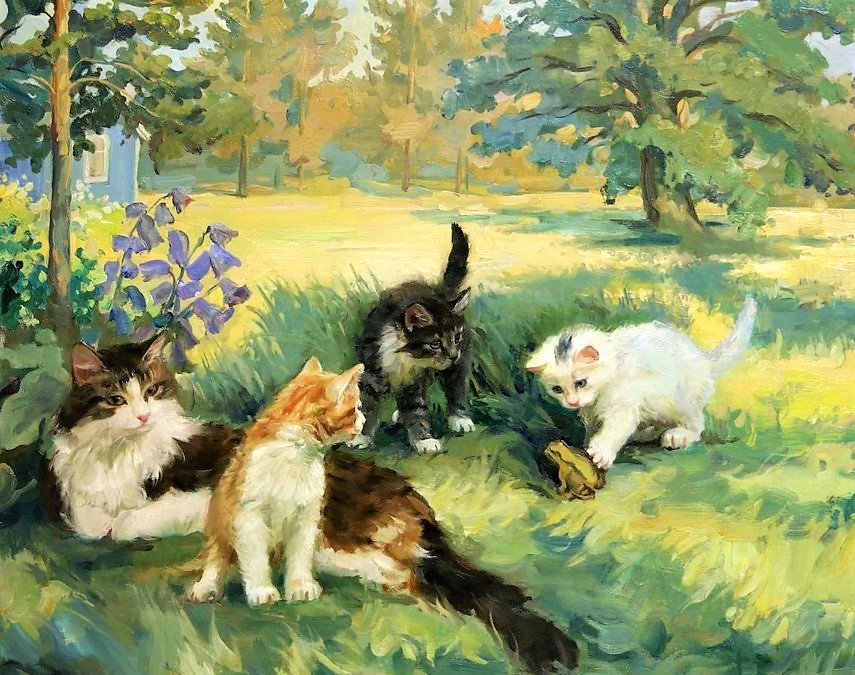 кошачьи знакомства - кошки, отдых на природе, котята, забавы, семейство - оригинал