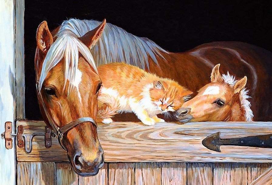 вместе - лошади, семейство, животные, котята - оригинал