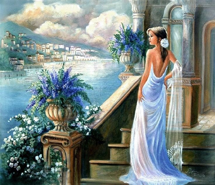 девушка в голубом - пейзаж - оригинал