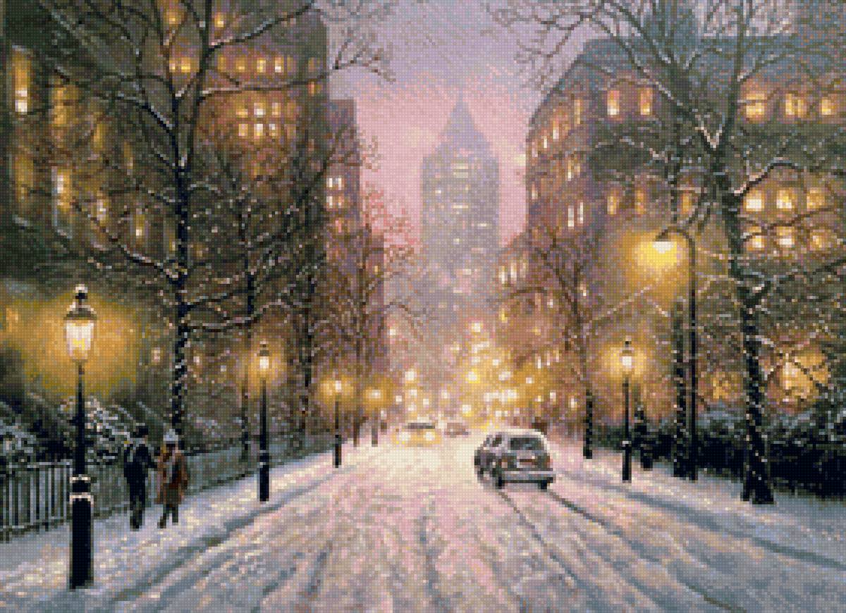 Худ. Абрахам Хантер - автомобиль, вечер, пейзаж зима, город - предпросмотр