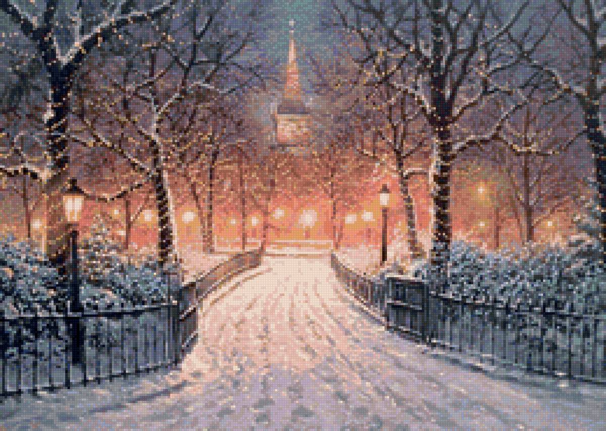 Худ. Абрахам Хантер - фонари, город, вечер, пейзаж зима - предпросмотр