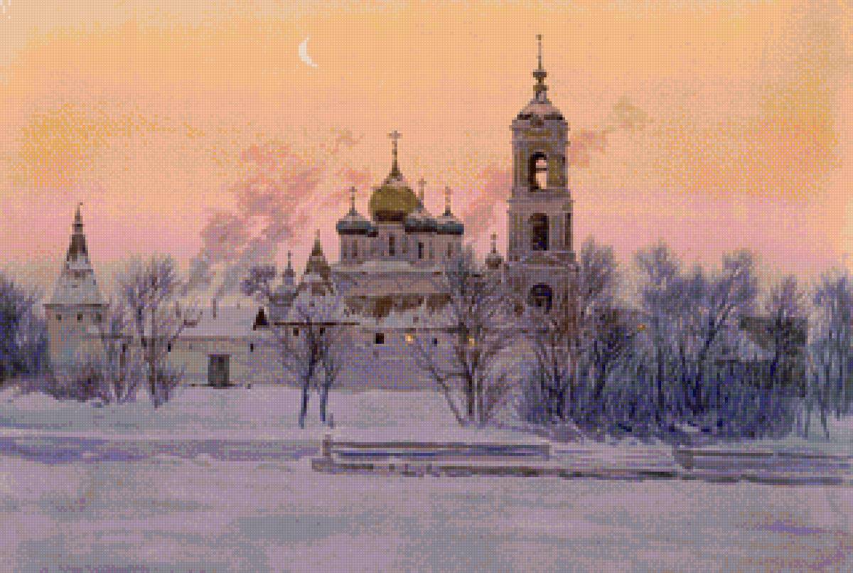 Худ. Андрияка Закат - природа, пейзаж зима, снег, церковь - предпросмотр