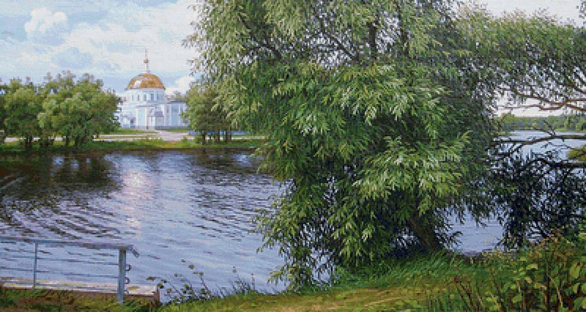Пейзаж - церковь, купола, ива, река, лето - предпросмотр