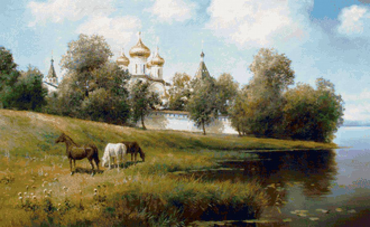 Худ. Грохотова Светлана Алексеевна Ипатьевский монастырь - река, монастырь, пейзаж лето, лошади - предпросмотр