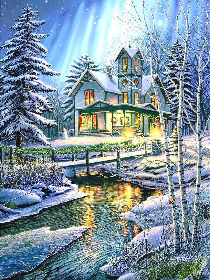 Серия "Пейзаж". Зима - лес, дома, речка, пейзаж, природа, зима - оригинал