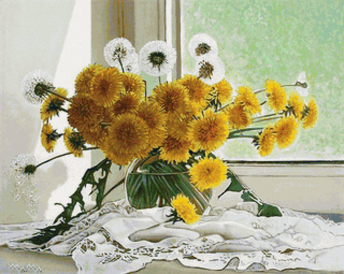 Одуванчики - ваза, одуванчики, окно, цветы - предпросмотр