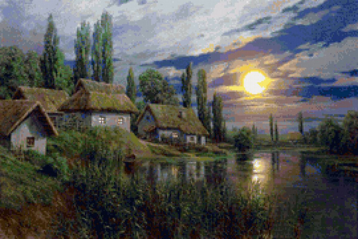 Худ. Андреев Александр - пейзаж лето, ночь, вода, деревня - предпросмотр