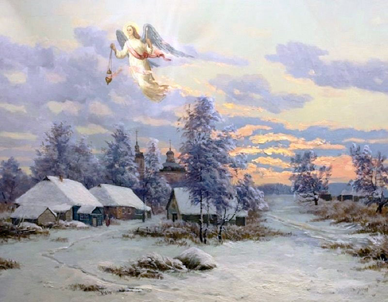 Худ. Геннадий Свирин - пейзаж зима, религия, церковь, деревня - оригинал