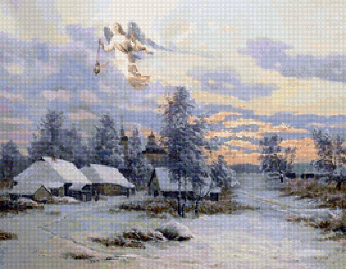 Худ. Геннадий Свирин - деревня, пейзаж зима, церковь, религия - предпросмотр