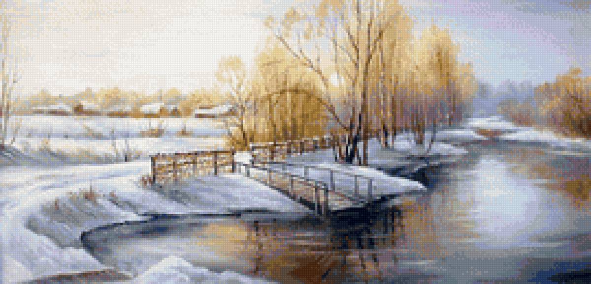 Худ. Светлана Грохотова - пейзаж весна, снег, река, деревня - предпросмотр