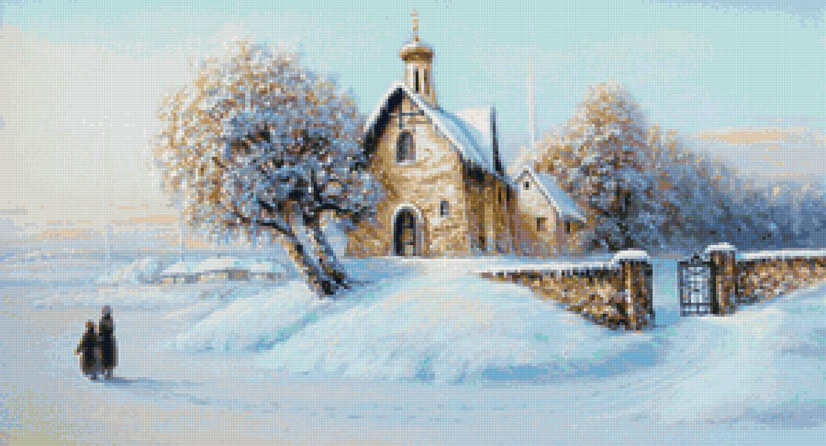 Худ. Яблоков - церковь, снег, пейзаж зима, деревня - предпросмотр