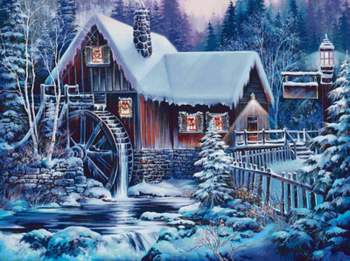 Мельница - зимний пейзаж, зима, снег - предпросмотр