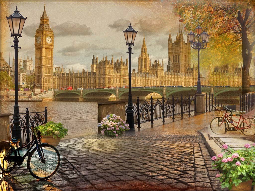 у моста - мост, река, город, осень - оригинал