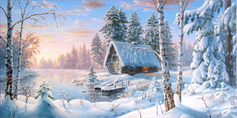 Зимний пейзаж - домик, зима, снег, лес - оригинал