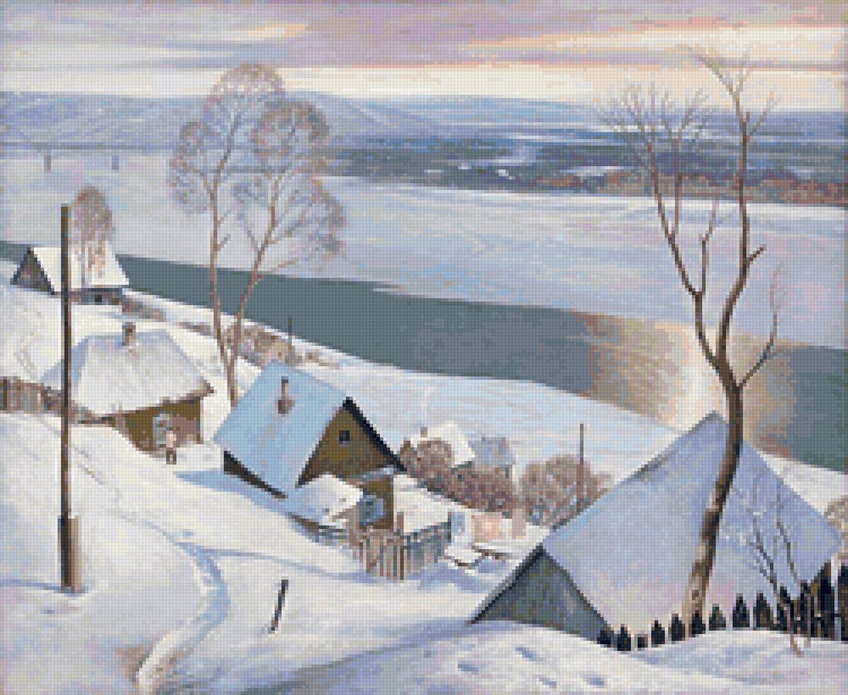 Худ. Крыжевский Ян. Новое утро - пейзаж зима, поселок, река, снег - предпросмотр