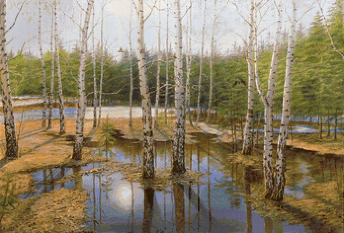 Худ. Куликов. Берёзы и мартовское солнце - природа, пейзаж весна, вода, лес - предпросмотр