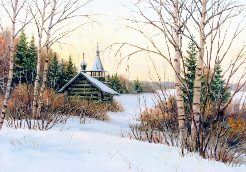 Худ. Курицын  Русь - лес, пейзаж зима, церковь, природа - оригинал