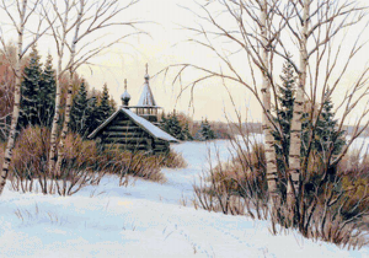 Худ. Курицын  Русь - церковь, пейзаж зима, лес, природа - предпросмотр