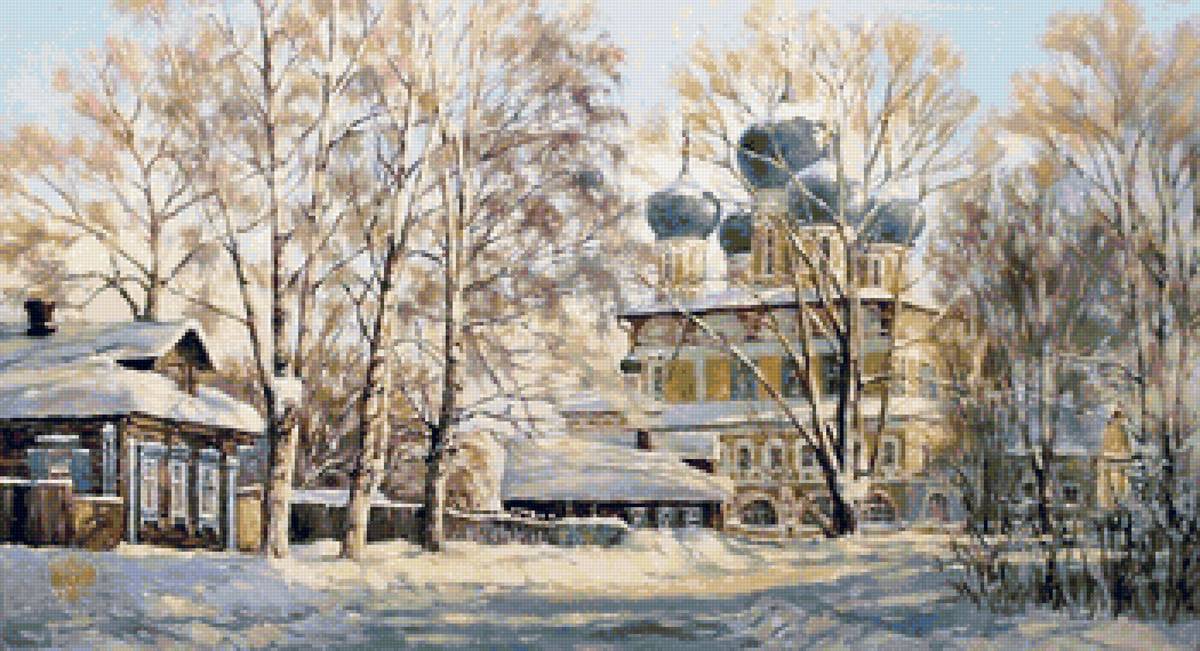 Худ. Ладыгин Олег Юрьевич Провинциальный городок - пейзаж зима, снег, церковь, город - предпросмотр