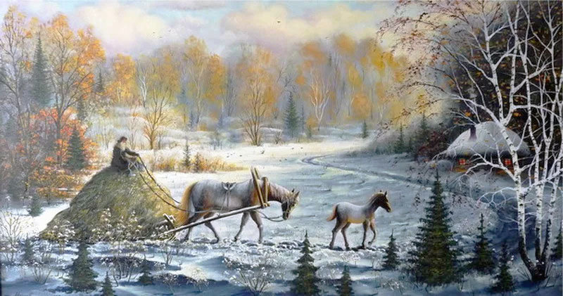 Худ. Марков В.Н.  Сторожка в лесу - изба, природа, пейзаж зима, лес, сани - оригинал