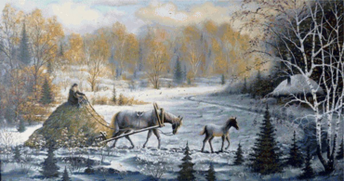 Худ. Марков В.Н.  Сторожка в лесу - пейзаж зима, природа, лес, сани, изба - предпросмотр