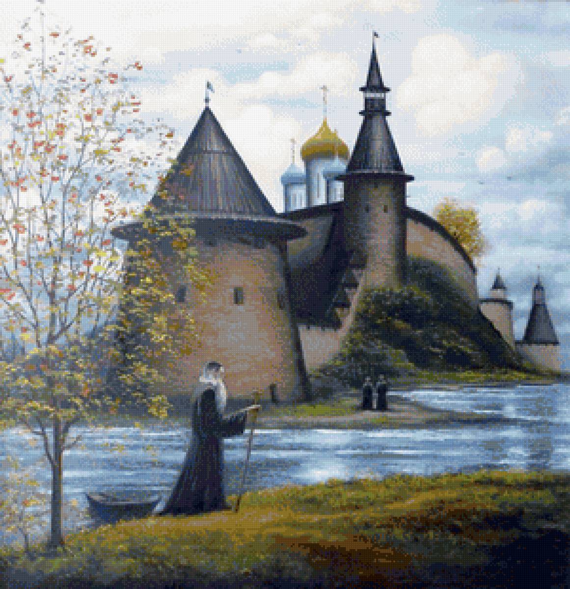 Худ. Марков В.Н. У СТЕН КРЕМЛЯ ПСКОВА - река, пейзаж осень, монах, церковь - предпросмотр
