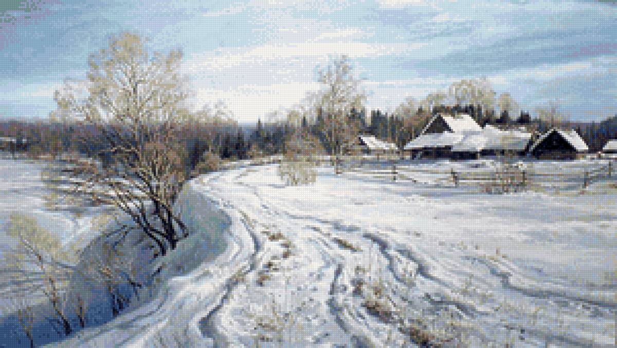 Худ. Басов. Мартовский день. - деревня, пейзаж зима, природа, снег - предпросмотр