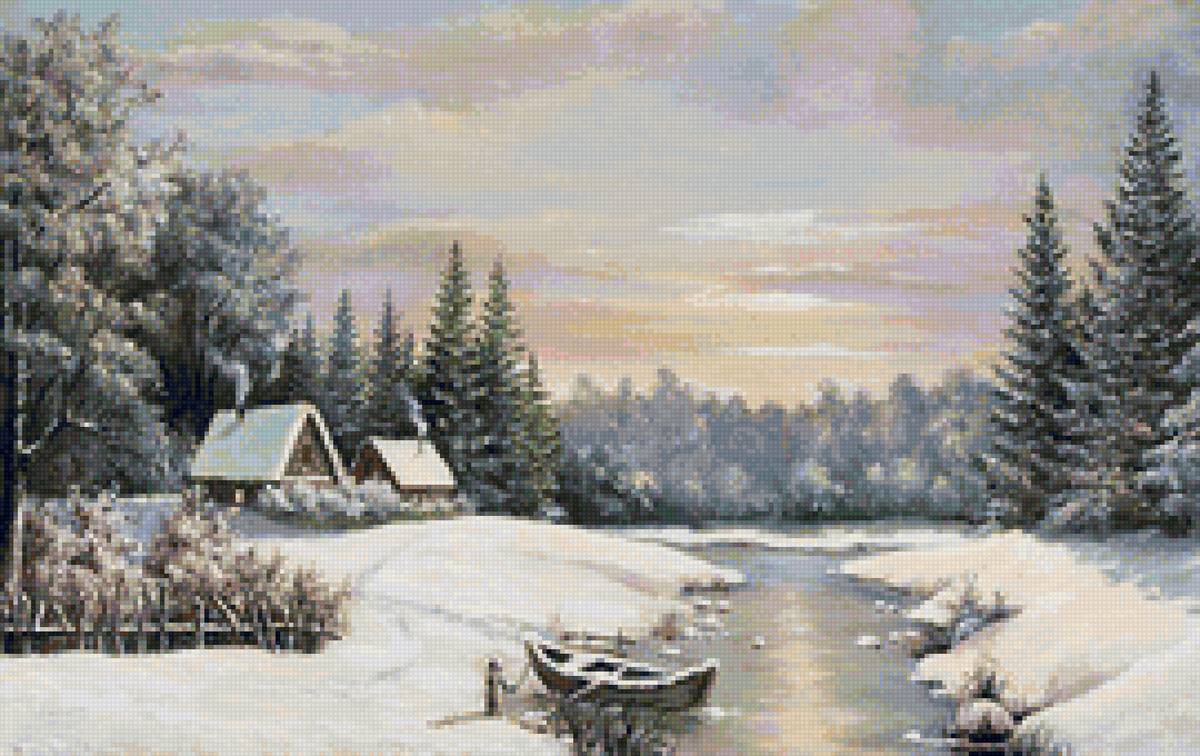 Худ. Несмеянов Виктор Алексеевич - природа, избы, лодка, река, пейзаж зима - предпросмотр