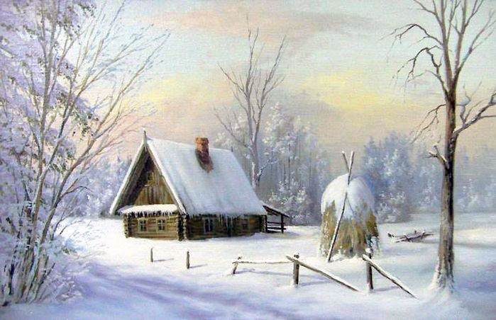Худ. Чувашев Олег - лес, пейзаж зима, стог, изба, природа - оригинал