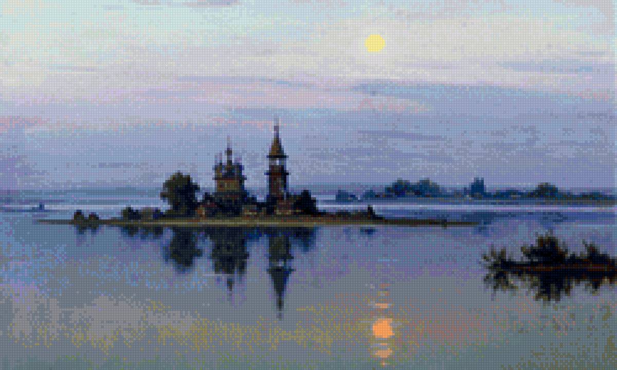 Худ. Щербаков - пейзаж, вода, закат, церковь - предпросмотр