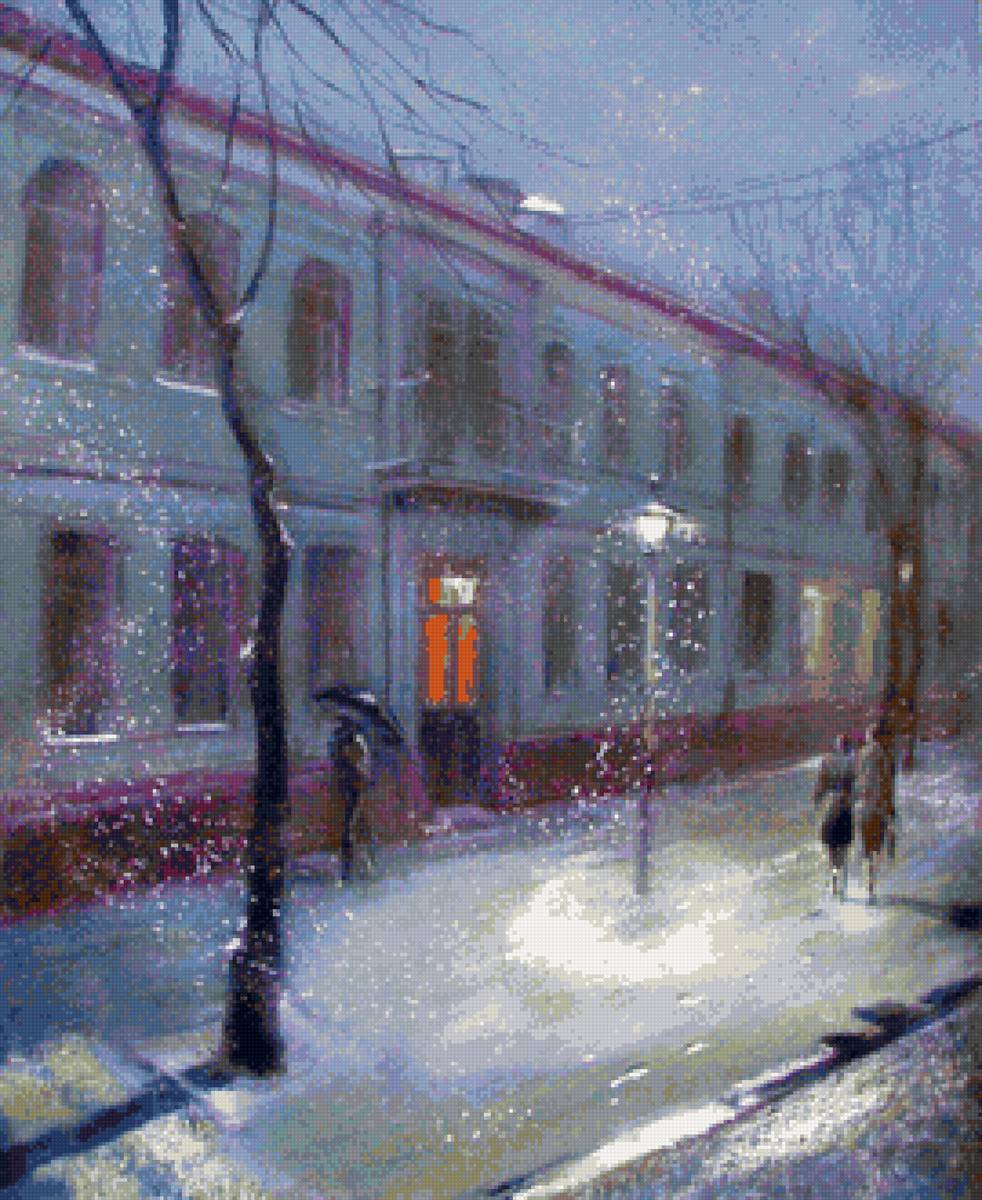 Худ. Юшина Елена - зима, город, снегопад, фонари - предпросмотр