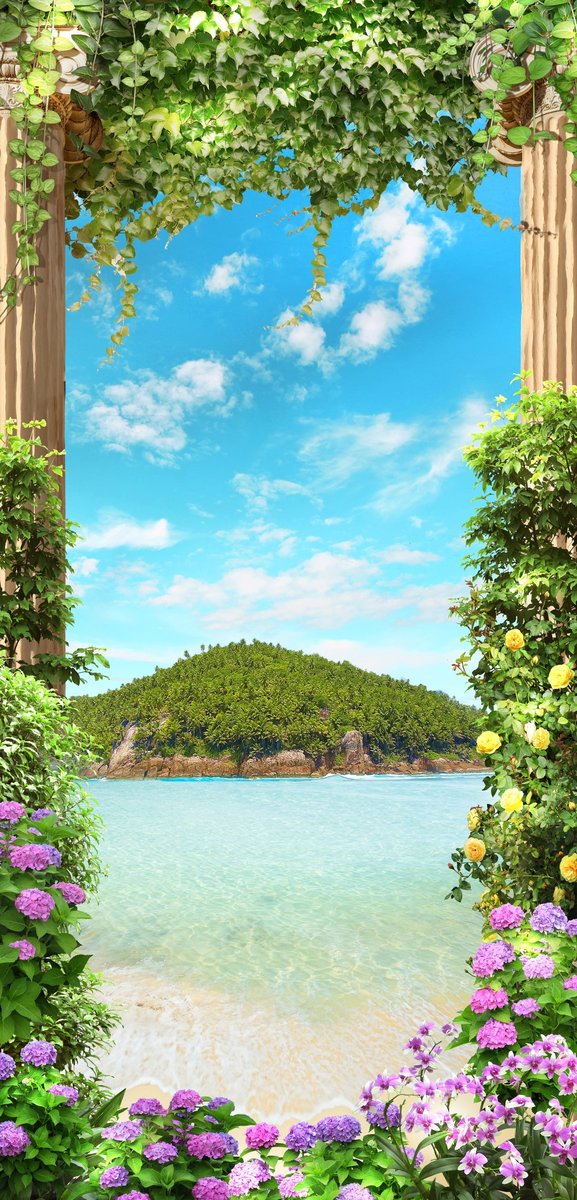 Вид на остров - вид, море, цветы, колонны, красота, остров, лето - оригинал