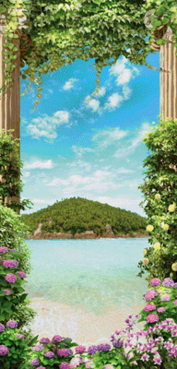 Вид на остров - вид, остров, лето, красота, цветы, море, колонны - предпросмотр