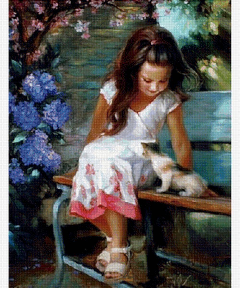 По картине Владимира Волегова - скамейка, лето, девочка, котенок - предпросмотр