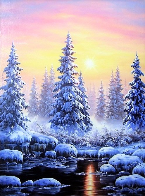 Ели - лес, живопись, зима, картина, природа - оригинал