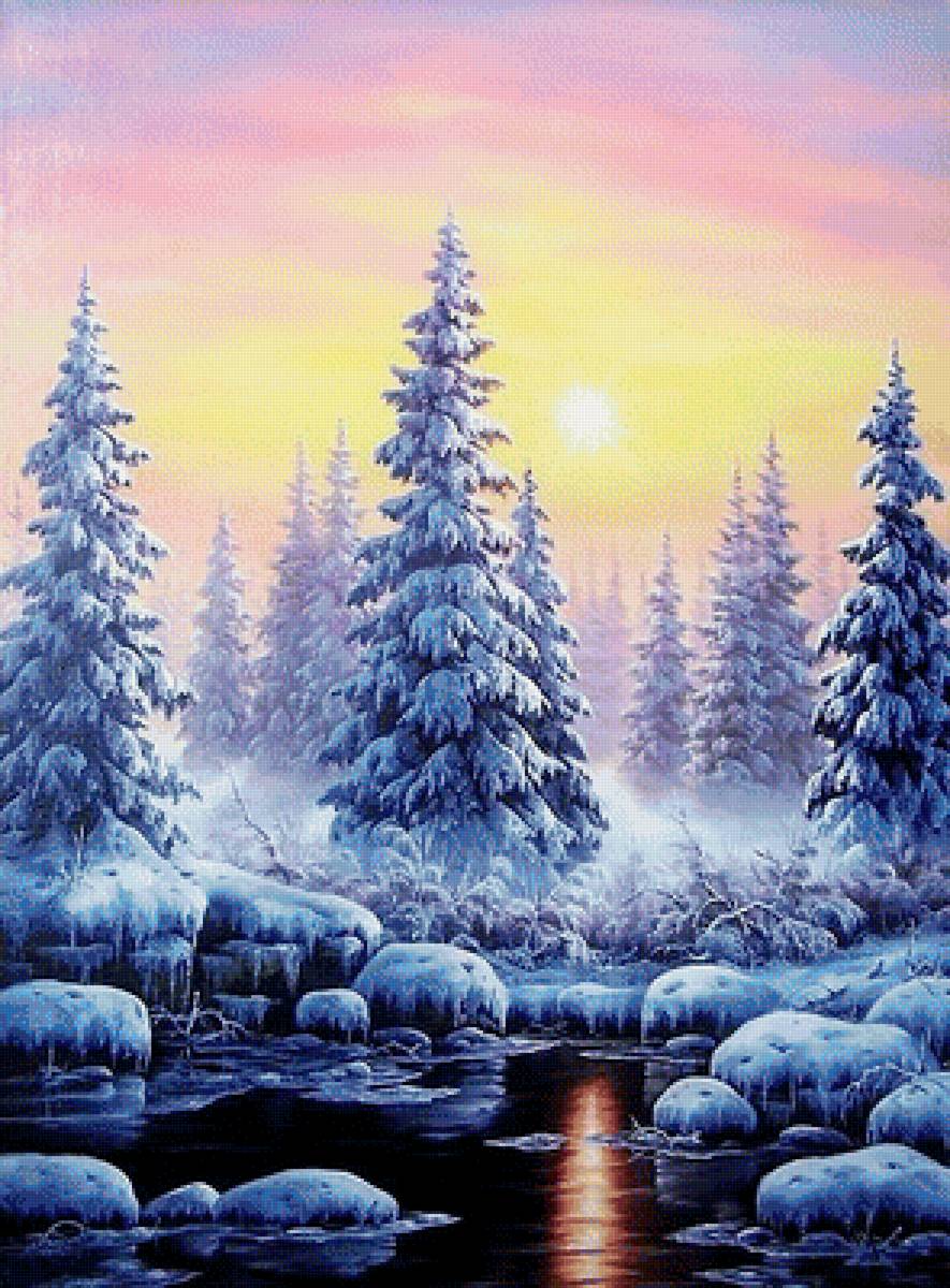 Ели - лес, природа, живопись, зима, картина - предпросмотр